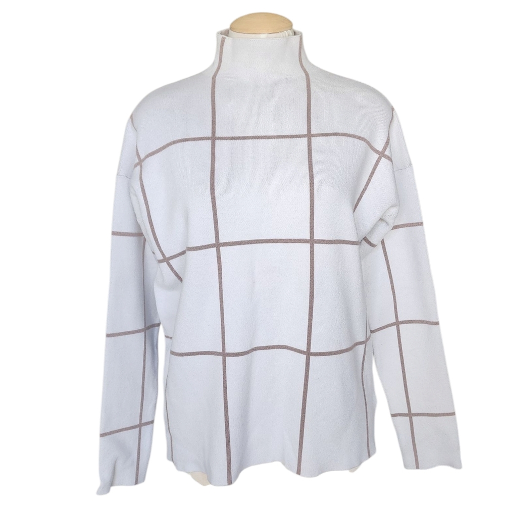 Cynthia Rowley White and Brown Checkered Turtleneck Sweater